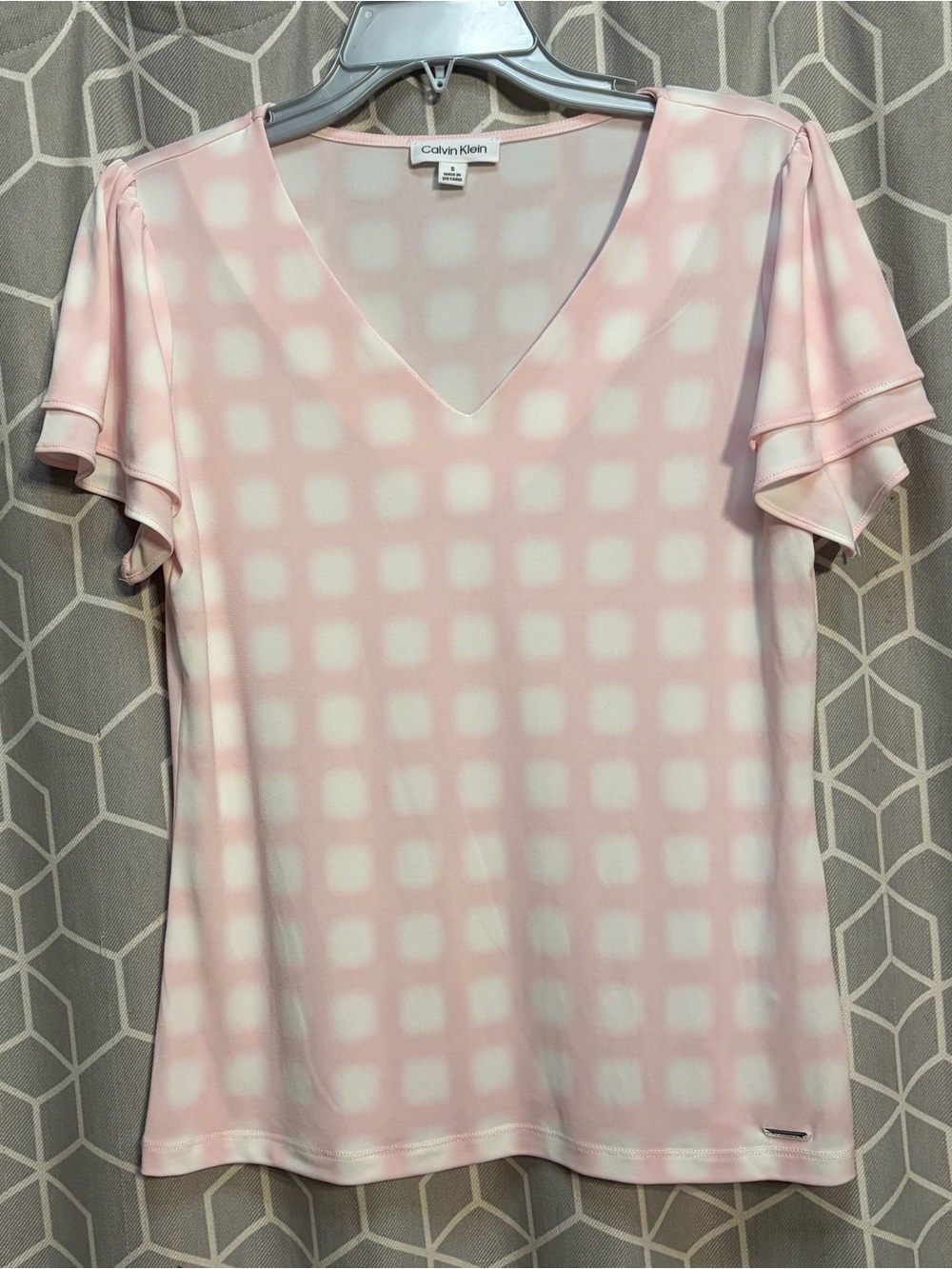 Calvin Klein Pastel Pink Check V-Neck Flutter Sleeve Blouse